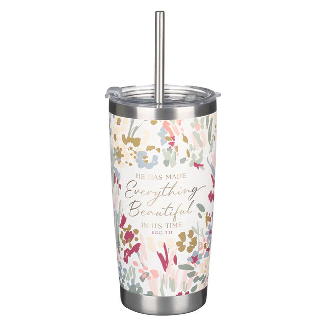 He Has Made Everything Beautiful In Its Time Floral Stainless Steel Travel Mug with Straw