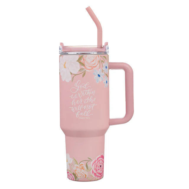God Is Within Her, She Will Not Fall Large Stainless Steel Mug with Handle and Straw