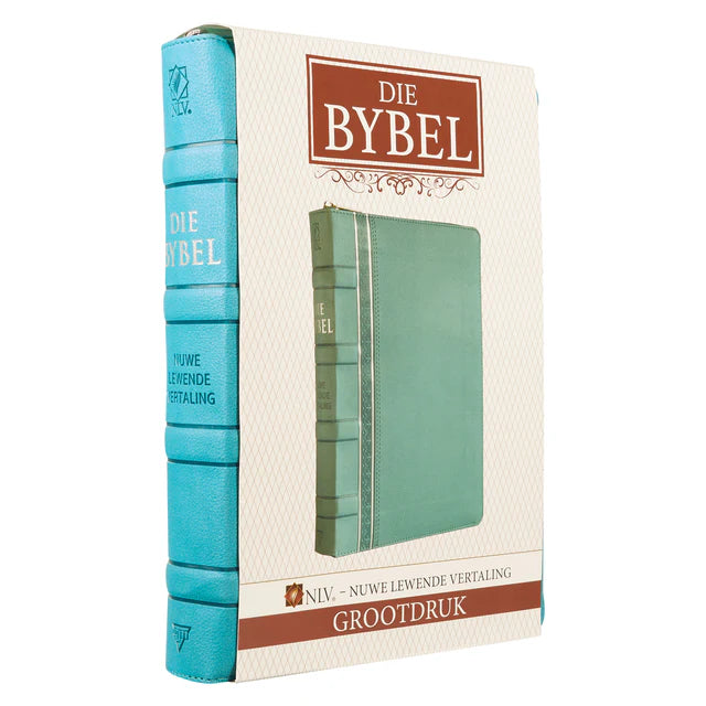 NLV Blougroen Kunsleer Bybel Grootdruk Met Ritssluiter & Duimgrepe